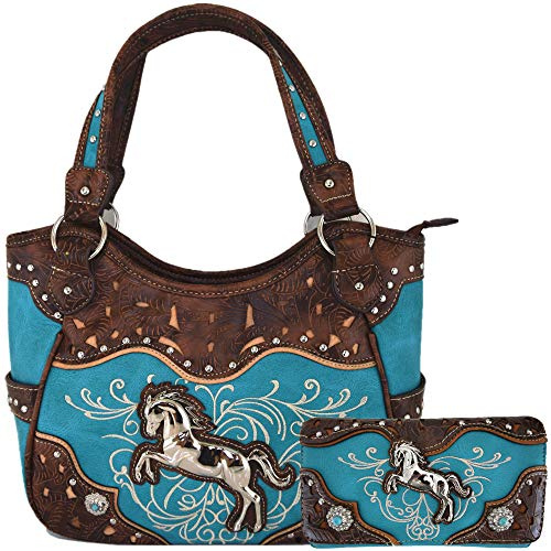 Tooled Leder Laserschnitt Western-Stil Pferd Cowgirl Geldbörse Country Totes Frauen Handtasche Alltag Schultertaschen Geldbörse Set, Türkis/Ausflug, einfarbig (Getaway Solids), Large