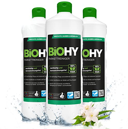 BiOHY Parkettreiniger (3 x 1 Liter) | Konzentrat für versiegeltes & geöltes Parkett | materialschonend & schmutzlösend | für eine streifenfreie Reinigung | 2 in 1 Pflege & Reinigungsmittel