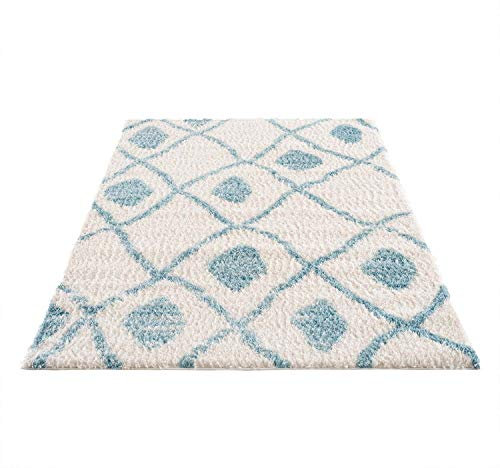 carpet city Teppich Shaggy Hochflor - Ethno-Stil 200x290 cm Blau Creme - Moderne Wohnzimmer-Teppiche