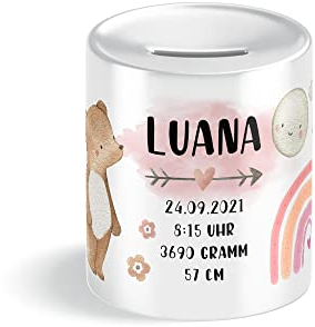 Yuweli Bär Geburts-Daten Kinder-Spardose für Mädchen, pink, personalisiert zur Einschulung, Taufe, Geburtstag, Sparschwein, Geldgeschenk, Kinderspardose