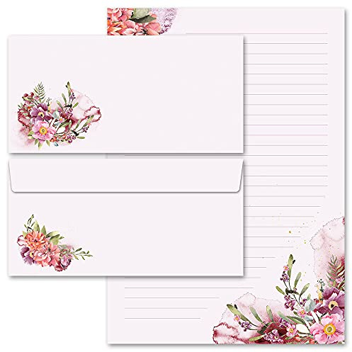 Briefpapier Set, 40 tlg. Sommermotiv, BLÜTENZEIT 20 Blatt Briefpapier + 20 passende Briefumschläge DIN LANG ohne Fenster