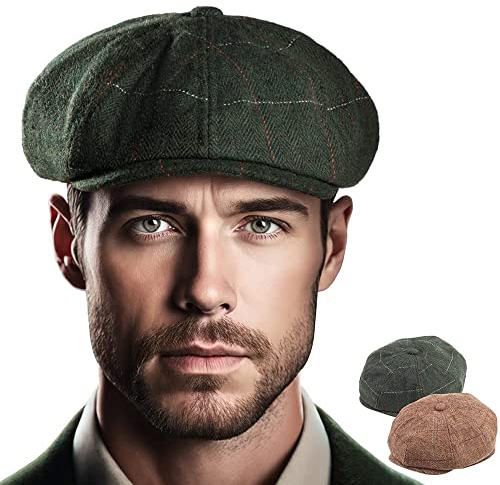 LADYBRO 2 Stück 8-Panel Newsboy Hüte für Herren Cabbie Wollmischung Tweed Irish Cap verstellbar, Karomuster, Braun und Grün, 2 Stück, L/XL