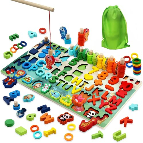 MARAYAN, Montessori Buchstaben Zahlen Spiele ab 3 Jahre,angelspiel Holz, Formen und Farben erkennen,geschicklichkeitsspiele, lernspielzeug Kinder,ABC Spiel,Motorikspielzeug,Geschenk