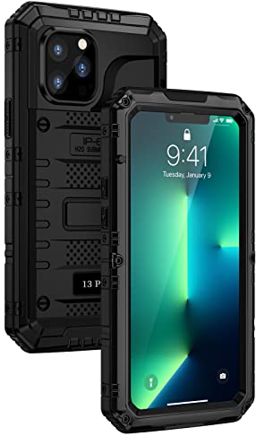 seacosmo iPhone 13 Pro Wasserdicht Hülle, Militärstandard Schutzhülle mit Eingebautem Displayschutz Stoßfest Metall Handyhülle für iPhone 13 Pro, Schwarz