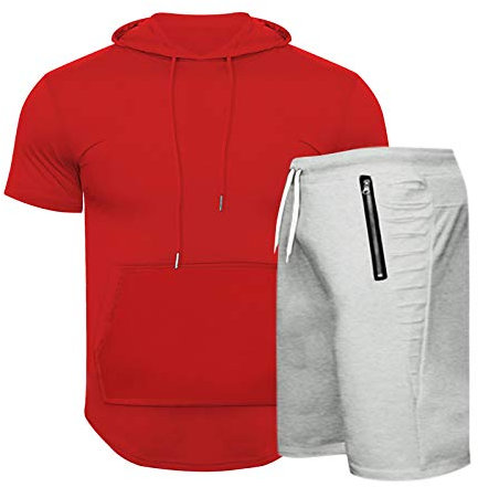Ni_ka Ensemble A Capuche Homme Taille Elastique T-Shirt DéContracté à Capuche à Manches Courtes Et Short Hooded Sweat VêTement Complet éTé Noir Rose Taille M à 3XL