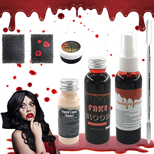 Shinybox Halloween Special Effects Makeup Set, Sangue Finto 60ML, Crema di Sangue Finta 30g, Lattice Liquido 30ML, Falso Sangue Spray 60ML con 2 Spugna per Il Trucco e Spatola Cosplay Trucco Halloween