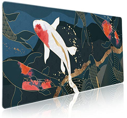 Japanisches Anime-Gaming-Mauspad, XXL, rot-weiß, Koi-Fisch, Kunst, Blau-Gold-Textur, erweiterte große Schreibtischunterlage, rutschfeste Gummiunterseite, genähter Rand, lange Tastatur-Mauspad für PC,