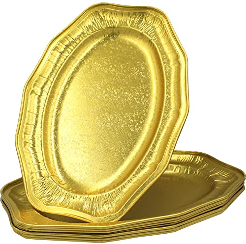 Sunrise Packaging Oval Aluminium Foil Platter [14” x 9.5”] Large Foil Tray, Food-Grade, Reusable Aluminium Foil Tray Container, Non-Stick, Washable, Gold, 5