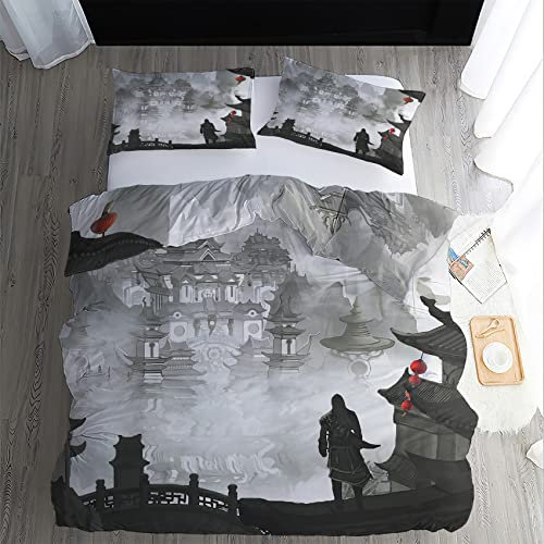 Japanische Bettwäsche 140x200, Samurai Asiatische Motive Microfaser Bettbezug Set 2 Teilig - Weich & Angenehm & Atmungsaktiv, 1 Bettbezüge mit Reißverschluss + 1 Kissenbezug 70x90 cm