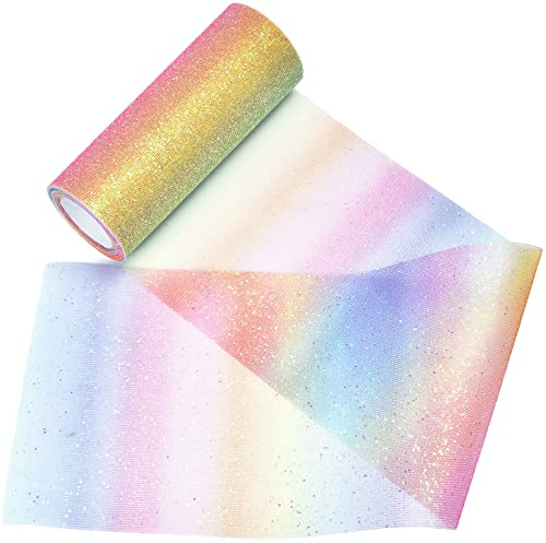 Tüllstoff Regenbogen Glitter Tüll Tischläufer 15cm x 9m Farbverlauf Tüllband für Ballettröckchen Hochzeit Party Dekorationen Handwerk Tüll Rollen