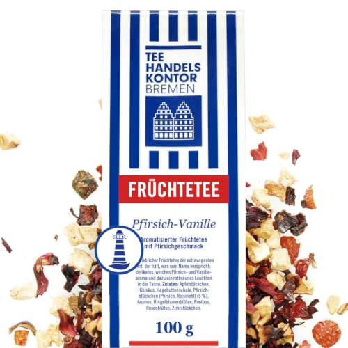 Hochwertiger Früchtetee lose Pfirsich-Vanille 100 g weich lieblich | Extravagante Komposition, Weiches Vanillearoma trifft saftige Pfirsichnote, Rotbraunes Leuchten in der Tasse, Mit Hibiskus
