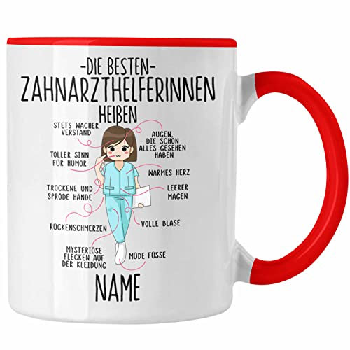 Trendation - Zahnarzthelferin Geschenke Tasse Geschenk Personalisierter Name Zahnmedizinische Fachangestellte (Rot)