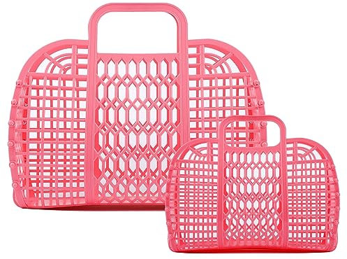 BABANA Jelly Bags – (Set) kleine und große Mutter-Tochter-Jelly-Taschen | Wiederverwendbarer Geschenkkorb, Strandtaschen – (klein, groß) – Rosa