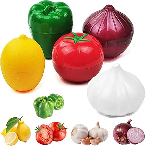 OUKEYI Green pepper, onion, Tomato, Lemon, and garlic 5 Pieces Solid color Fruit and Vegetable Storage ,Reusable SiliconeRefrigerator Box Storage Bowls Saver Holder, Storage Keeper Holder for Fridge