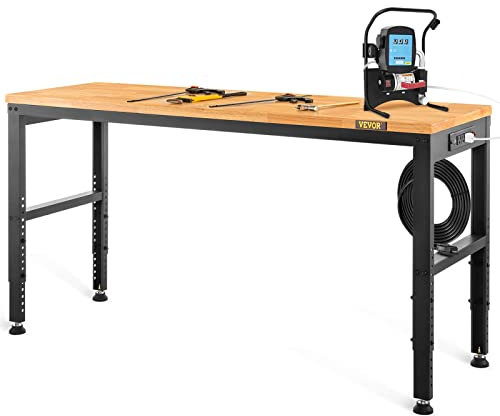 VEVOR Adjustable Workbench, 48 L X 20 W Garage Table w/ 28.3 - 38.1 Heights & 2000 LBS Load Capacity, with Power Outlets & Hardwood Top & Metal Frame & Foot Pads, for Office Home Garage