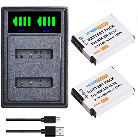 PowerTrust 2Pcs EN-EL12 Battery and Charger for Nikon Coolpix A1000 A900 S9700 W300 B600 S9600 S32 S31 P310 AW110s AW120 S9400 S800c S9050 S1200pj S1200pj