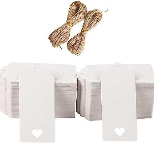 SJBAUTYO Geschenkanhänger Hochzeit Anhänger Kraftpapier Etiketten 9,5 x 4,5 cm, 100 Stück und Juteschnur, für Valentinstag Weihnachten Geschenkverpackung (Weiß)