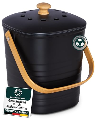 ZUKUNFTSENKEL Poubelle de cuisine bio - Poubelle à compost - Noir - 4 l - Anti-odeur - Avec filtre