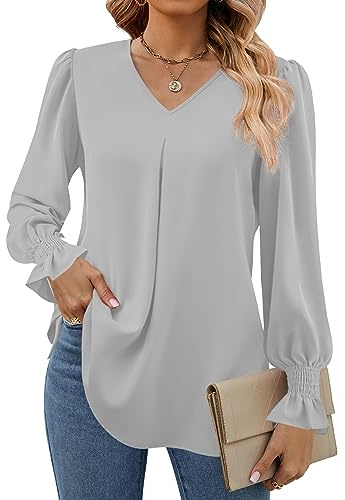 Funlingo Long Sleeve Tunic Tops for Women Loose Fit Dressy Casual Blouse Flowy Business Long Shirts Grey XL