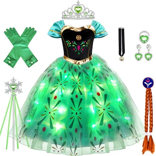 vamei LED Anna Kostüm für Mädchen Prinzessin Kleid Mädchen Anna Kleid mit Perücke Krone Handschuhe Verkleidung für Geburtstag Party Weihnachten Halloween Karneval (100)