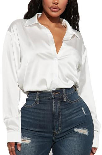 Navneet Women Satin Blouse Button Down Long Sleeve Satin Shirts Collar Blouses Casual Office Work Going Out Tops White XL