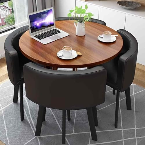 SWHSWQ Round Conference Table, Table Ronde Salle Manger avec 4 Chaises, Table Salon Manger, Ensembles de Chaises à Dossier en PU 5 Pièces, Patio Table Ronde et Chaises