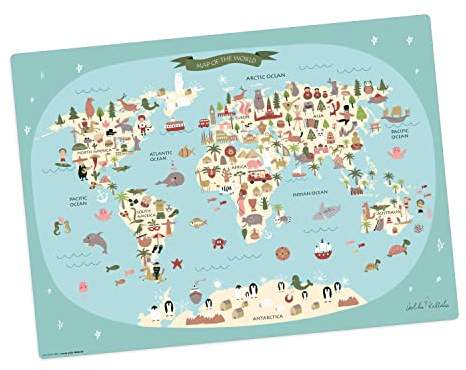 Tischset I Platzset abwaschbar - Für Kinder - Weltkarte - aus erstklassigem Vinyl (Kunststoff -BPA frei) - 1 Stück - 44 x 32 cm - rutschfeste Tischmatte – Made in Germany