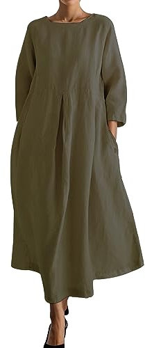 PAIDAXING Linen Dresses for Women UK Ladies Loose Fit Summer Maxi Dress Crew Neck 3/4 Sleeve Long Dress with Pockets High Waist Cotton Linen Swing Shirt Dress Work Vacation Dress Green