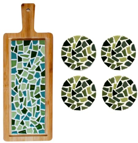 Little Creations - DIY Mosaik Bastelset Erwachsene Grün | 1x Servierplatte & 4x Untersetzter | Komplettes Set aus Mosaiksteinen und Holz | Selbst gestalten und basteln