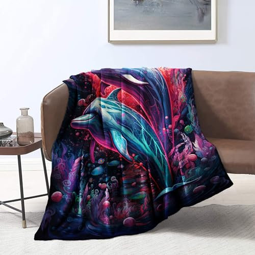 CHTLIFQ Bedruckte weiche Decke, Kunst Delphin Plüsch Flanell Fleece, Bettdecke, Klimaanlagen Decke, alle Jahreszeiten, für Kinder und Erwachsene, Kinderbett, 80 x 120 cm, Flanell