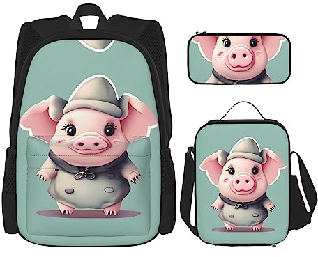 KoNsev Lindas mochilas de ardillas con lonchera y estuche para laptop universitaria, mochila de 15 pulgadas, Lindo cerdo., Talla única