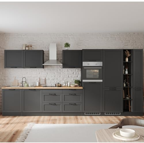 Lomadox Küche Einbauküche Küchenzeile 420 cm mit E-Geräten in grau, Arbeitsplatte in Eiche, inkl. Dunstabzugshaube, Induktionskochfeld, Backofen, Geschirrspüler, Kühlgefrierkombi