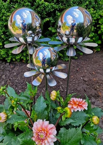 Jürgen Bocker Garten-Ambiente Blütenzauber Rotterdam 3er Set Rosenkugel 15/15/10 cm Edelstahl Gartenstecker Deko mit Stab 80 cm (Silber poliert)
