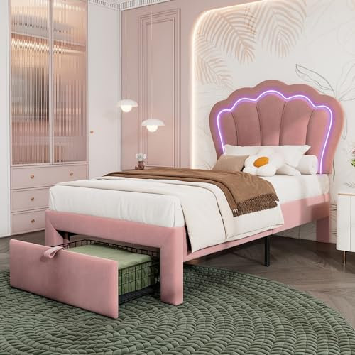MQLAE Lit capitonné pour enfant 90 x 190 cm avec APP-Control LED et tiroirs, cadre de lit simple avec sommier à lattes et tête de lit réglable, lit pour adolescent, fille, en velours, rose, sans
