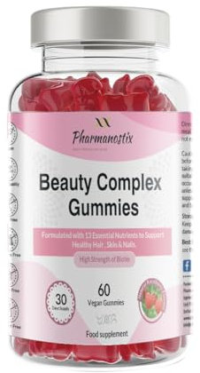 Pharmanostix Ultra Hair, Skin & Nail Gummies - Biotin 5000μg, Zinc, Vitamin D3, Choline, Vitamin C - 60 Vegan Raspberry Flavour Gummies - Gluten, Dairy, Soy & GMO Free