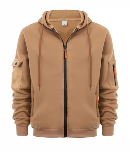 Sprifloral Felpa con cappuccio da uomo con zip e maniche lunghe, in pile, casual, con tasche con cerniera, cachi, L