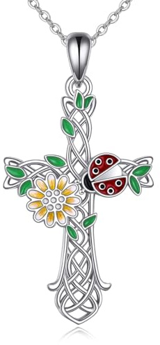 URONE Marienkäfer Kette 925 Sterling Silber Marienkäfer Sonnenblume Kreuz Anhänger Halskette Miraculous Ladybug Schmuck für Frauen Mama Frau Liebhaber