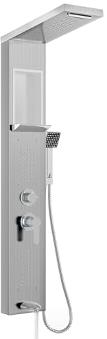 FIVMEN Panneau de Douche en Acier Inoxydable - Colonne 5 Fonctions - Pluie, Cascade, Buses de Massage, Douchette Manuelle - Robinet - Kit Complet - Argenté