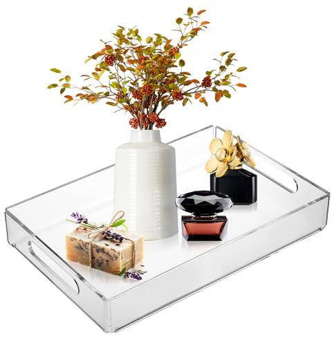 MYFULLY Bandeja de acrílico transparente de 8 x 12 pulgadas, bandejas acrílicas con asas y agujeros de drenaje, bandeja organizadora decorativa para cocina, encimera, baño, ideal para organizar