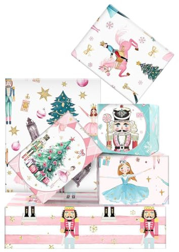 Xmas Nutcracker Prince Ballet Girl Gift Wrap Paper - 6 Sheets, Christmas Tree Pink Princesses Wrapping Paper for Christmas, New Year, Birthday, Wedding, Baby Shower, Boys & Girls