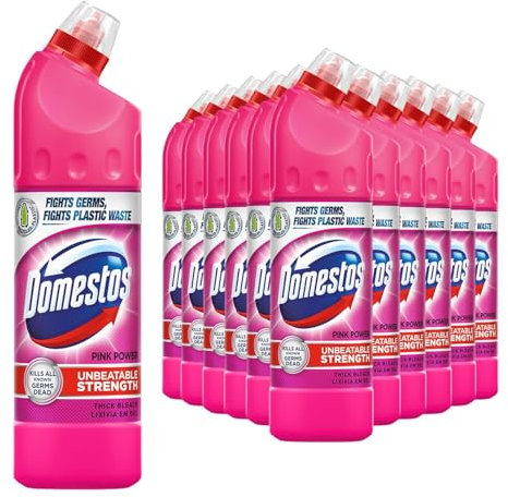 Domestos Thick Bleach Pink Power Multi-Purpose Disinfectant Anti-Bacterial Surface Cleaner Gel Limescale Remover for Toilet, Bathroom and Kitchen, 750ml (Buy 12)