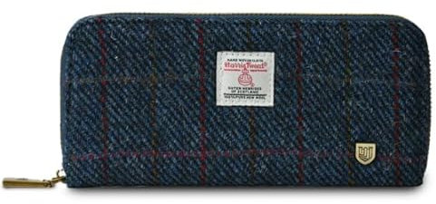 Islander HarrisTweed & PU Leder Damen Lange Reißverschluss Geldbörse, Marineblaues Over-Check, Tweed-Geldbörse