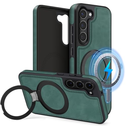 MOBESV Magnetisch Handyhülle mit Ständer für Samsung Galaxy S23 6,1 Zoll, Lederhülle kompatibel mit MagSafe/Kabelloses Ladepad, Dünn Klassische Elegant Hülle, Grün