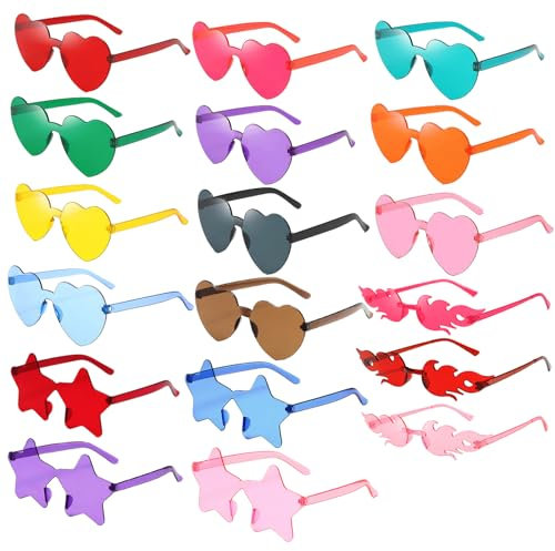 XUNIVERS 18 Paia Occhiali da Sole a Cuore,Senza Montatura Occhiali da Sole Cuore Fiamme Occhiali da Sole Colorati,Occhiali da Festa Colorati,per feste a tema, estate in spiaggia, feste di compleanno