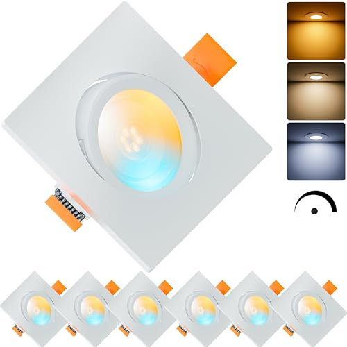 MATO 6x LED Einbaustrahler Eckig 230V Dimmbar 5W - 30° Schwenkbare, flache Spots 75mm Lochmaß - IP20 Einbauleuchten Deckenspots für Innenräume - Einbauspots Lichtfarbe umschaltbar, CRI 90+, 510lm