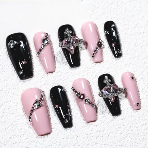 Sun&Beam Nails Handmade Press-on Medium Long Coffin Ballerina Pink Black Y2K Trendy Minimalist Design Fashion False Nail Tips 10 Pcs Set (#244 S)