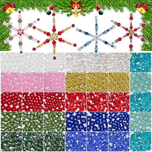 Gorvalin 1935-teiliges Weihnachts-Schneeflocken-Perlen-Set mit Drähten, Weihnachts-Perlen-Ornament-Kits, DIY, 24 Stück, Schneeflockendraht mit klassischen Weihnachtsfarben, Perlen und Perlen, Handwerk