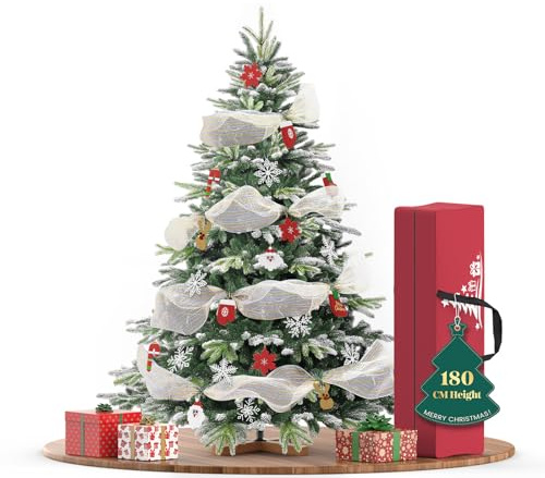 WoRaum Künstlicher Weihnachtsbaum, Kunstbaum mit Holzständer 180 cm - Klassischer Automatik-Weihnachtsbaum aus PVC+PE Mischung mit weißen Spitzen, Ohne Beleuchtung, Inklusive Schmuck