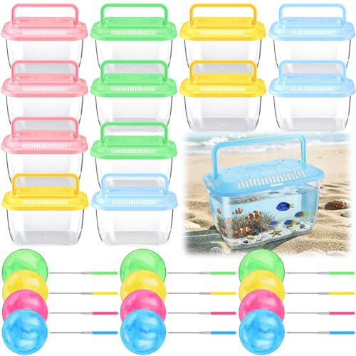 Grinsvalley 12 Sets Fish Bowl and Fishing Nets Bulk 12 Sets Small Clear Plastic Fish Bowl with Ventilated Lids and Fishing Nets Summer Outdoor Party Favors End of Year Student Gifts from Teacher