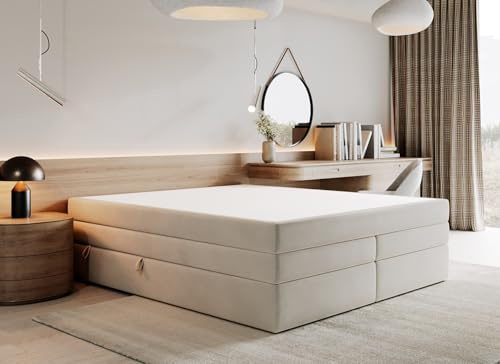 Bett 180x200, Matratzen Bonell, Pocket, Oeko-TEX Zertifikat Hellbeige | Betten mit Zwei Matratzen und Pocket, Boxspringbett mit Bettkasten, EU-Herstellung, Kollektion Luxor